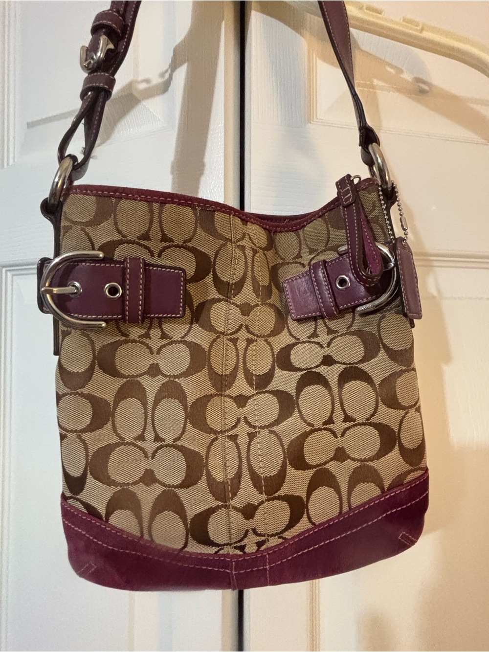Vintage Coach 2005 Signature Canvas Shoulder Bag with Plum Leather Accents